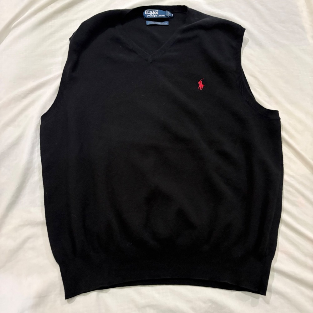 Polo Ralph Lauren Mens XL Black Pima Cotton V-Neck Sweater Vest Red Pony Logo